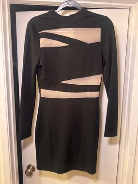 Black Long-Sleeve Sheer-Insert Bodycon Dress